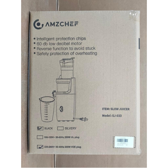Соковижималка для цілих фруктів AMZCHEF - повільна соковижималка з великим відкриттям 80 мм - переможець тесту соковижималки для овочів і фруктів з покращеним шнеком, двошаровим фільтром, ретро-тумблером, тихим двигуном - сріблястий срібло 17,9T x 16,7 Вт