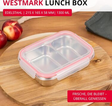 Ланчбокс Westmark Edelstahl Непротікаючий контейнер для сніданку Підходить для мікрохвильової печі та духовки, не містить BPA Бенто-бокс для школи, роботи та дитячого садка Сріблястий, розділений 450 280 мл, 450 280 мл