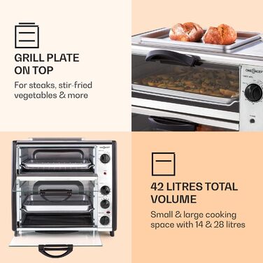 Подвійна духова шафа oneConcept All-You-Can-Eat - електрична духовка, дві окремі камери для випічки, загальний об'єм 42 літри, пластина для гриля, 2400 Вт, регульована температура 60-240C, нержавіюча сталь, срібло