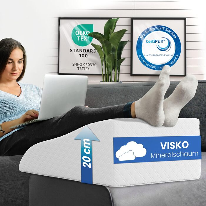 Подушка для підняття ніг ELONEO з піни з ефектом пам&39яті, подушка для ніг для полегшення, позиціонуюча подушка зі знімним чохлом, 65x40x20 см, білий середньо-білий