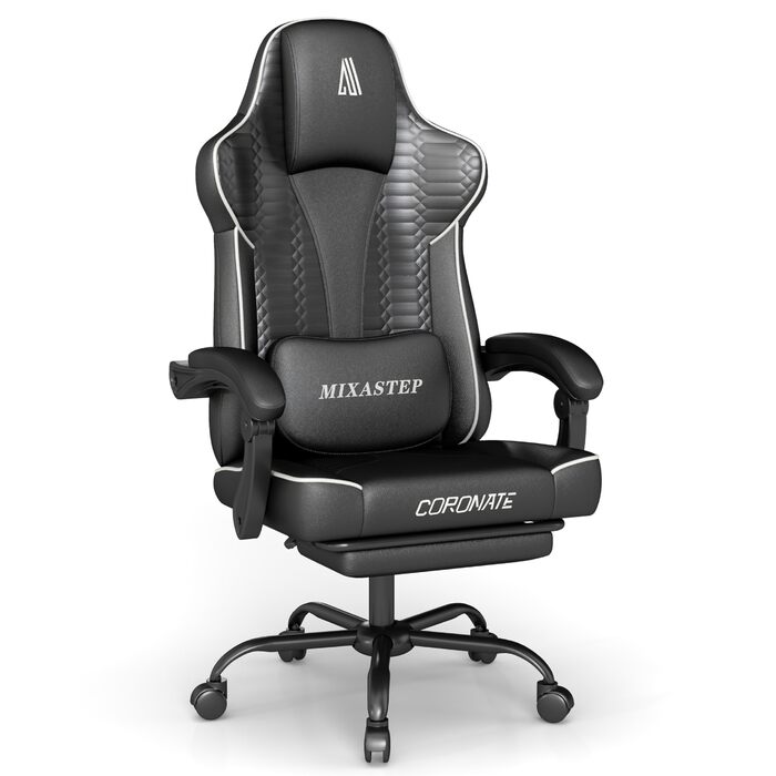 Ергономічне ігрове крісло, офісне крісло з підставкою для ніг, регульоване по висоті та нахилу, надзвичайно широке сидіння (51 см), ергономічна поперекова опора, вантажопідйомність до 150 кг, білий колір