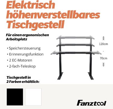 Каркас столу FANZWORK з 2 двигунами Bosch, вантажопідйомність до 100 кг, електричне регулювання висоти, функція пам&39яті, USB-C, кабельний лоток, чорний
