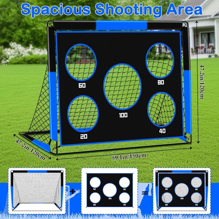 Футбольні ворота 2-в-1 для дітей, 150 x 120 см, портативні та стабільні футбольні ворота з 5 зонами для удару, 4 кріпленнями для землі та 1 сумкою для перенесення, стабільні для саду, парку, пляжу, сині 150 x 120 x 120 см