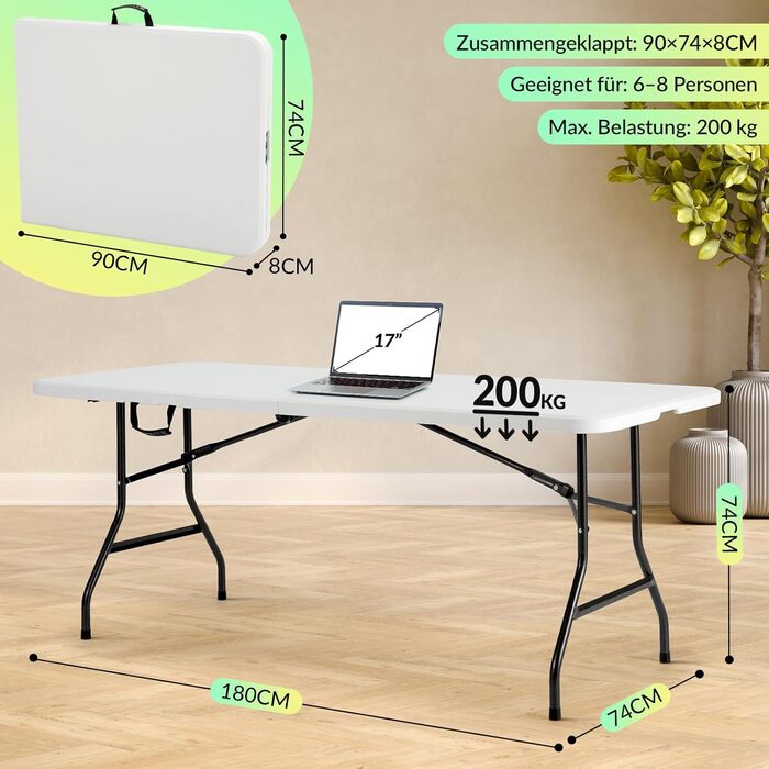 Розкладний садовий стіл Velway 180x74 см, фуршетний стіл - швидкий та простий у встановленні розкладний стіл для 6-8 осіб, водонепроникний, кемпінговий стіл, стіл для вечірок, стіл для блошиного ринку з ручкою для саду, патіо, балкону, білий