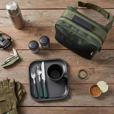 Набір посуду для кемпінгу на 1 особу, набір рибальського приладдя, набір столових приборів з футляром для перенесення, контейнер з нержавіючої сталі для виживання на природі, чашка, ніж, виделка, ложка, тарілка