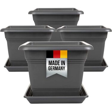 Набір з 4 рослинних горщиків XXL, 48 см, антрацит, великі пластикові квіткові горщики, вуличні горщики, стійкі до ультрафіолету, морозостійкі, зроблені в Німеччині, з дренажним блюдцем.