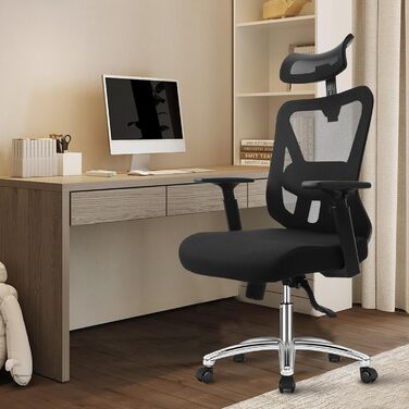 Ергономічне офісне крісло, робоче крісло з регульованою поперековою опорою для тривалого сидіння, функцією нахилу спинки (трирівневий механізм блокування) та регулюванням висоти, обертове крісло, сітчасте крісло, чорне офісне крісло