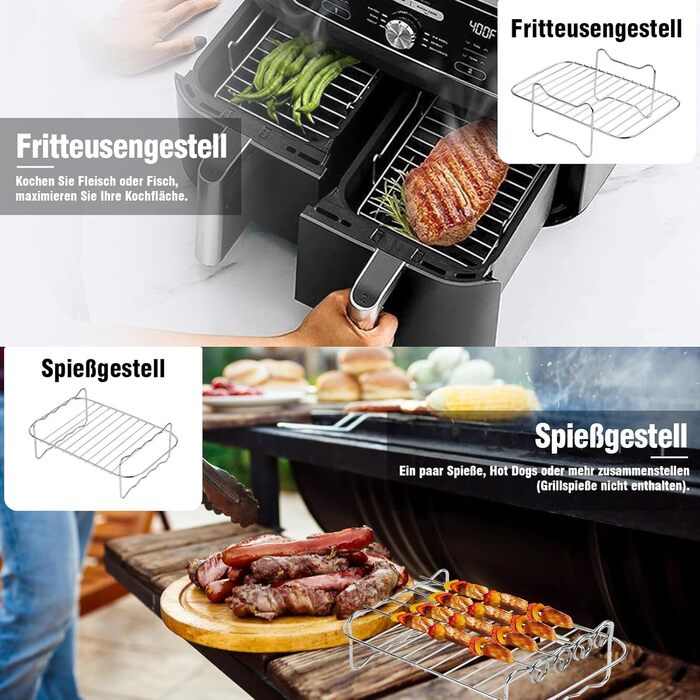 Аксесуари для фритюрниці Slumou, Аксесуари для подвійної фритюрниці для Ninja Foodi AF400EU, AF400EUCP, Cosori, подвійні аксесуари для фритюрниці 7.6-9.5 л, 5 шт. зі складною силіконовою формою, решітки для фритюрниці, масляна щітка