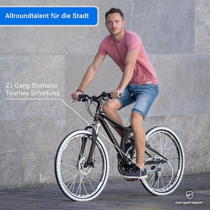 Гірський велосипед Bergsteiger Phoenix 26 дюймів, підходить для зросту від 160 см, дискові гальма, ліхтарі, бризковики, 21-швидкісна коробка передач, повна підвіска, сірий/чорний (матовий)