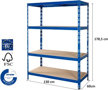 Міцний стелаж Rom 178,5 x 130 x 60 см Синє порошкове покриття 4 полиці, кожна з максимальним навантаженням 250 кг Полиця для зберігання, металева полиця, полиця для підвалу (130 x 178,5 x 60 см)