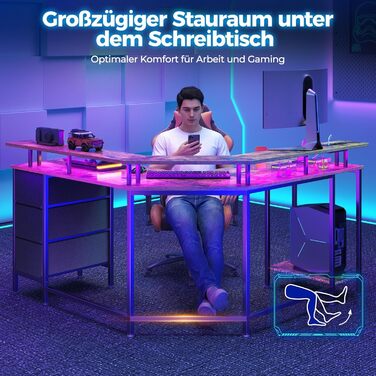 Г-подібний ігровий стіл на сім столів зі світлодіодним освітленням та розетками, кутовий стіл з 3 тканинними шухлядами та місцем для зберігання, комп&39ютерний стіл для домашнього офісу та ігор на ПК, рустикальний коричневий, 13513588 см, вінтажний коричн