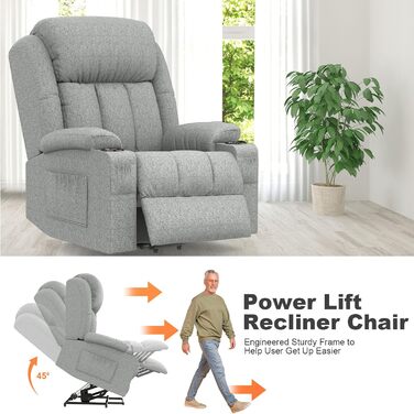 Електричне крісло-реклайнер/масажне крісло для телевізора з функцією відкидання спинки, підйомником, функцією масажу, підігрівом, підставкою для ніг, підстаканником, 4 бічними кишенями, портами типу C та USB, шкіряне крісло, сірий колір