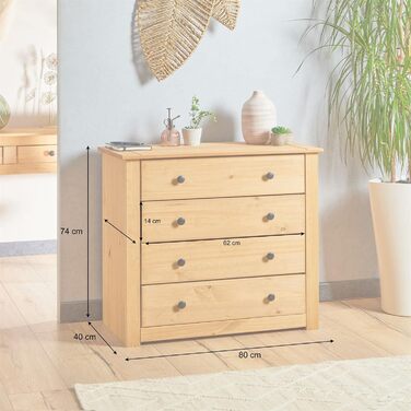 Комод CARO Furniture Cancun у стилі кантрі, виготовлений з масиву сосни, сучасний сервант з 4 шухлядами, сервант з тонованою та вощеною поверхнею