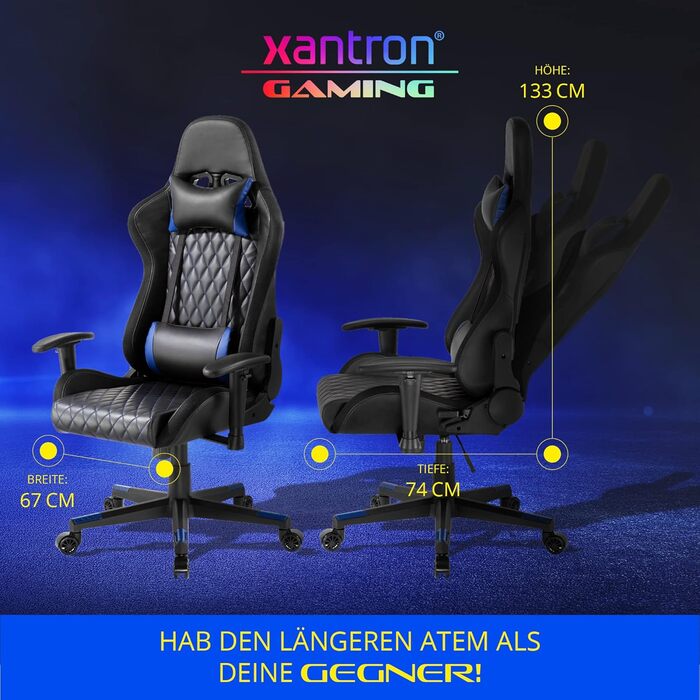 Ергономічне ігрове крісло Xantron з RGB-підсвічуванням - Вантажопідйомність 150 кг - Чорне ігрове крісло з ПВХ-шкіри - Регульоване ігрове крісло з газовою пружиною - Ігрове крісло