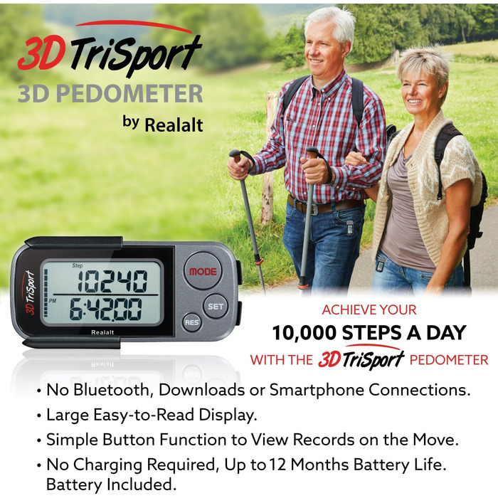 Крокомір Realalt 3DTriSport 3D із затискачем та ремінцем, включаючи електронну книгу 30-денна пам&39ять, точний лічильник кроків, пройдена відстань у милях/км, лічильник калорій, щоденний моніторинг часу тренування, сірий