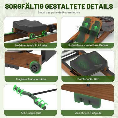 Дерев&39яний водний гребний тренажер Kitopa, складний домашній гребний тренажер з 30-денним членством у Kinomap, максимальний зріст користувача 2 м/160 кг, водний гребний тренажер з Bluetooth-дисплеєм та регульованим тримачем для телефону, коричневий