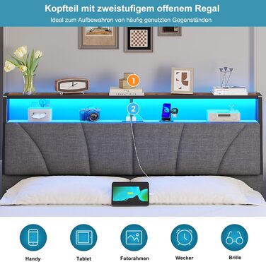 Ліжко 180x200 з металевою рейковою основою, двоспальне ліжко 180x200 см зі світлодіодним підсвічуванням, каркас ліжка 180x200 см з узголів&39ям та зарядною станцією (2 розетки змінного струму, 2 USB-порти) Сучасне, сіро-сірий 180x200 см