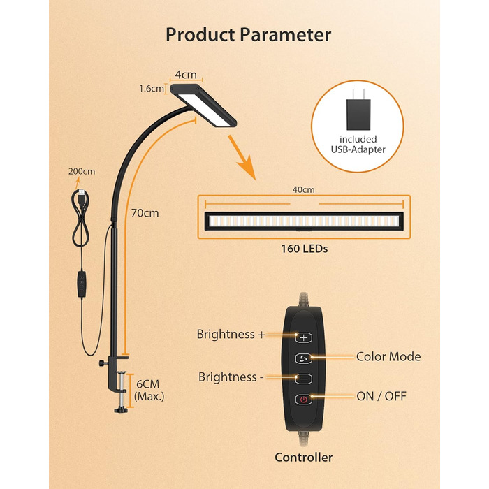 Настільна лампа iFalarila 10 Вт з можливістю затемнення - 160 світлодіодна супер яскрава лампа з USB-адаптером 3 колірні температури та 10 рівнів яскравості 70 см гнучка гусяча шия, робоча лампа для домашнього офісу без пультів дистанційного керування