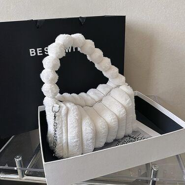 Біла пухнаста вечірня сумочка-клатч зі штучного хутра на ланцюжку для весілля, випускного або вечірки