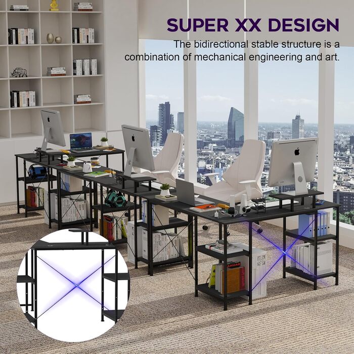 Ігровий стіл 210 x 50 см з розеткою та USB-портом, 3 варіанти встановлення, L-подібний ігровий стіл з полицею для монітора, ігровий стіл для ПК з карбоновою поверхнею