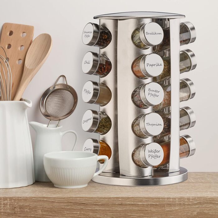 Карусель для спецій Relaxdays з 20 баночками для спецій, 40 етикетками, поворотними на 360, багаторазовими шейкерами для спецій з нержавіючої сталі, сріблястим кольором