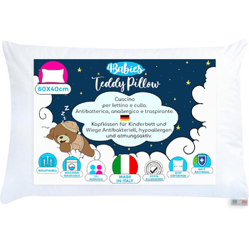 Дитяча подушка 40х60, дитяча подушка від 1 року Дихаюча, антиалергенна з підкладкою 100 італійська бавовна, гіпоалергенна, захищен