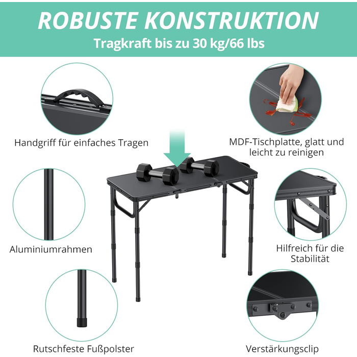 Складаний кемпінговий стіл VINTEAM 87x40 см 3 складні, регульована висота в 3 напрямках, алюмінієвий складаний стіл, балконний стіл, бічний столик, садовий стіл, легкий та портативний, ідеально підходить для кемпінгу, барбекю, пікніка та саду, МДФ