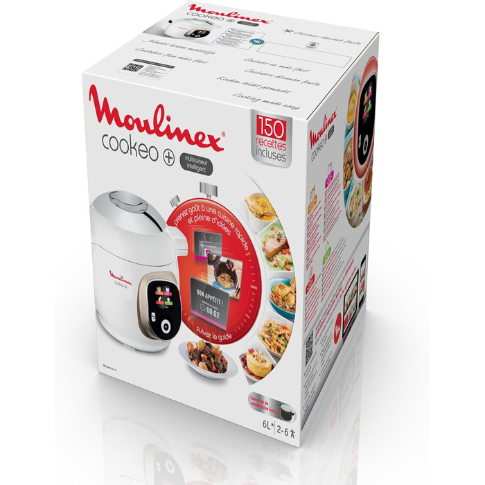 Інтелектуальна мультиварка-скороварка Moulinex Cookeo, 6 л, високий тиск, інтуїтивний екран, покроковий гід з приготування, кришка для зберігання, мобільний додаток, 150 рецептів, Білий CE85CA10