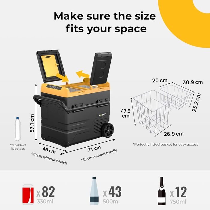 Компресорний холодильник BougeRV CRD з акумулятором, 55 л прохолодний автомобільний двостулковий двозонний холодильник 12В 24В 230