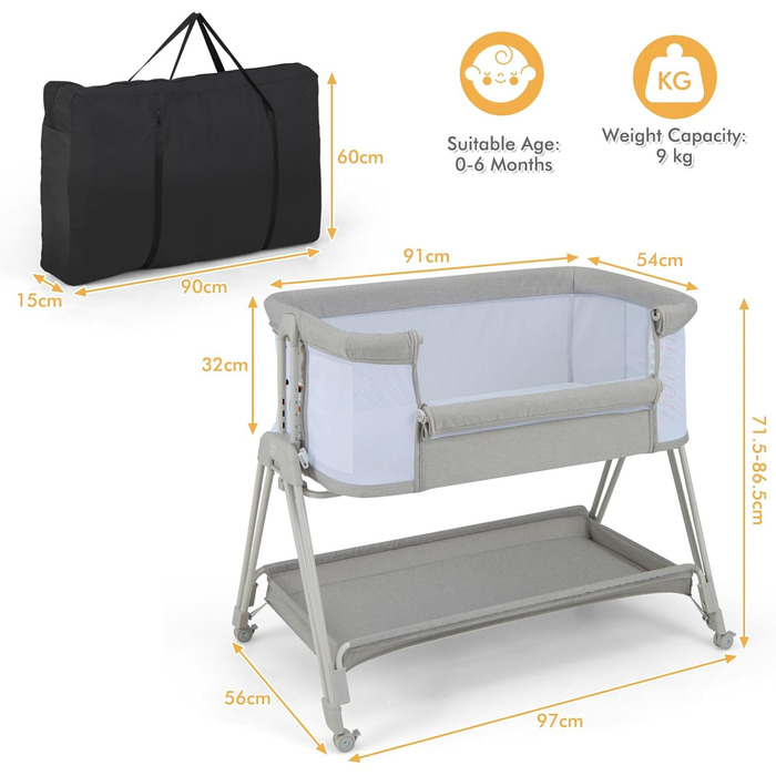 Дитяча колиска LIFEZEAL з регульованою висотою, портативна приліжкова колиска 90 x 50 см, дитяче ліжко 3-в-1 з матрацом, дорожнє ліжечко для малюків 0-6 місяців, приліжкова колиска з дихаючою сіткою (світло-сірий)