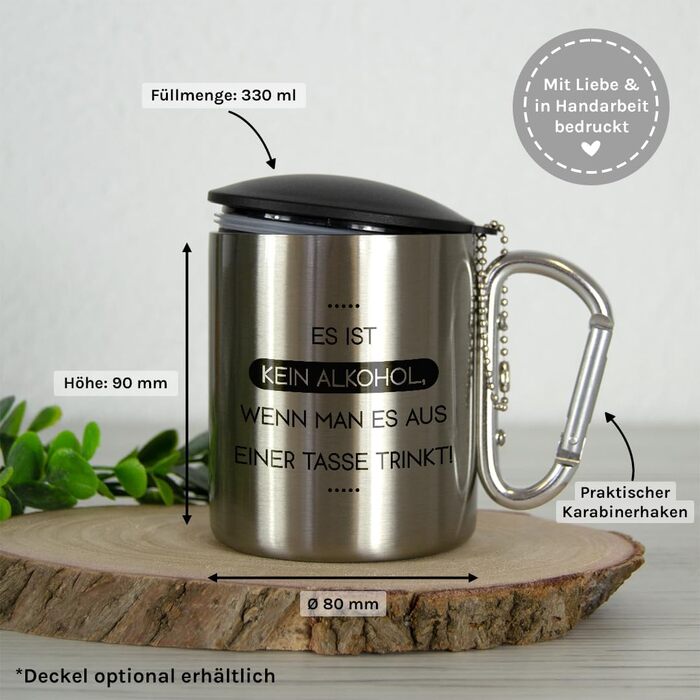 Це не алкоголь, якщо пити з чашки Чашка з нержавіючої сталі з карабіном Ідея подарунка 330 мл Чашка Для кемпінгу Ключки Срібна без кришки