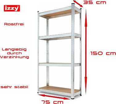 Полиця, міцна металева полиця для підвалу, надміцна полиця, полиця для зберігання, що вставляється в розетку, легко збирається, оцинкована, 4 полиці розміром 150 x 75 x 30 см, вантажопідйомність 280 кг 1 полиця - 150 x 75 x 30 см, 1