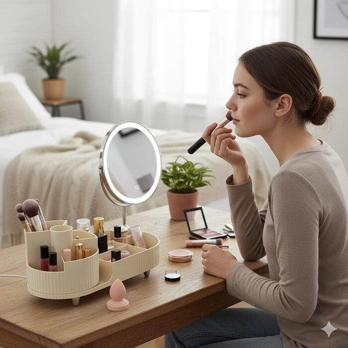 Обертовий на 360 органайзер для макіяжу, великий органайзер для ванної кімнати з коробкою для зберігання косметичного столика включає засіб для чищення пензлів для макіяжу (бежевий)