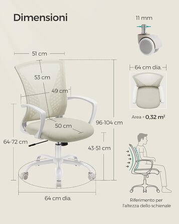 Офісний стілець SONGMICS, стілець для роботи з сітчастою оббивкою, комп&39ютерний стілець з регульованою висотою, обертовий стілець, функція гойдання, повітропроникний, офісний, кабінетний, вантажопідйомність до 120 кг, колір капучино бежевий OBN022K01 ко