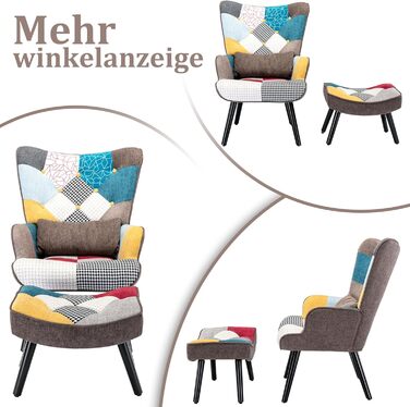 Крісло-відкидка з пуфом, крісло в стилі печворк, дерев&39яне крісло, сучасне крісло-підголовок для вітальні з ніжками з масиву дерева, крісло під телевізор, лляне крісло для відпочинку, коричневе крісло