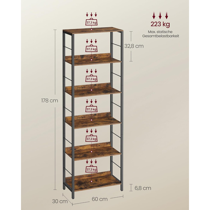 Рівнева книжкова полиця, полиця для зберігання, 30 x 60 x 178 см, із задніми панелями, для вітальні, кабінету, домашнього офісу, промисловий дизайн, вінтажний коричнево-чорний колір LLS118B01 6 рівнів (60 см), 6-