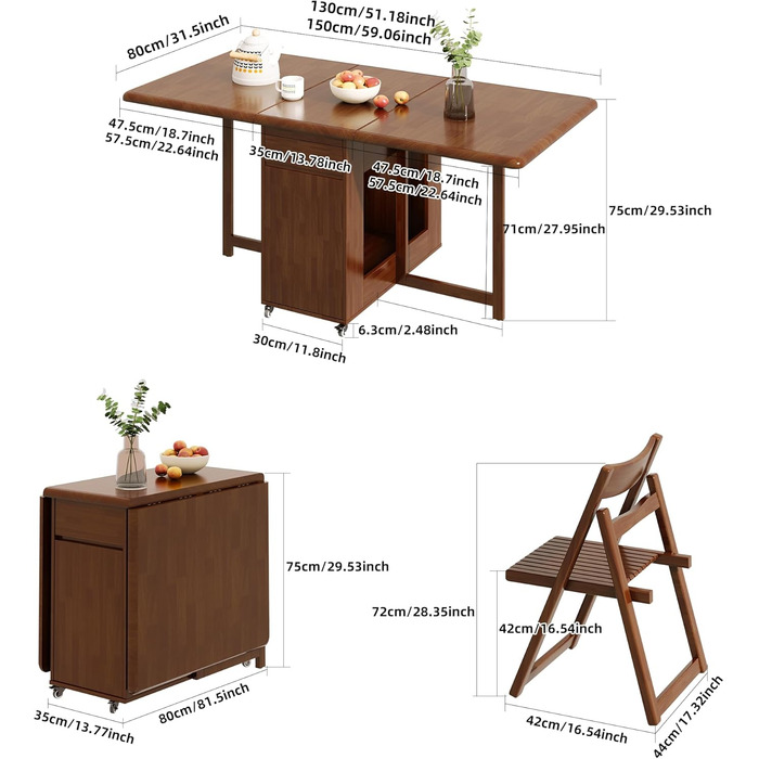 Розкладний стіл, компактний, багатофункціональний кухонний/обідній стіл, розсувний з масиву дерева та колесами, що обертаються на 360, для 2-8 осіб у невеликих квартирах. Розкладний обідній стіл, горіх (150 см).