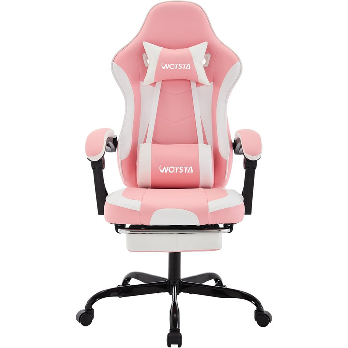 Ігрове крісло, Ігрове крісло, Ергономічне ігрове крісло з підставкою для ніг, Ергономічне офісне крісло з поперековою опорою, Регульована спинка 90-135, Рожевий/Білий