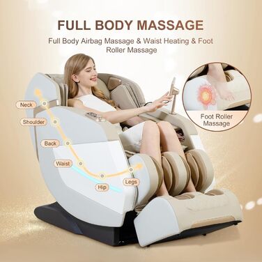 Масажне крісло Relaxora 3D Zero Gravity SL Track Масаж шиацу всього тіла з роликами для ніг Bluetooth Heat Therapy Calf Kneading Massage Airbag Massage Stretch (бежевий)