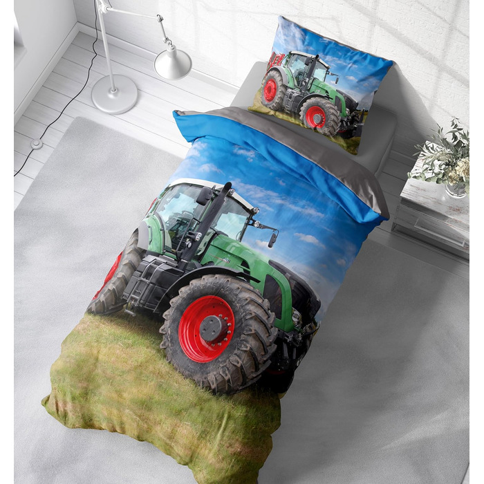 Постільна білизна для однієї людини 135x200 см, трактор, сільськогосподарська техніка, зелений сірий, двостороння мікрофібра