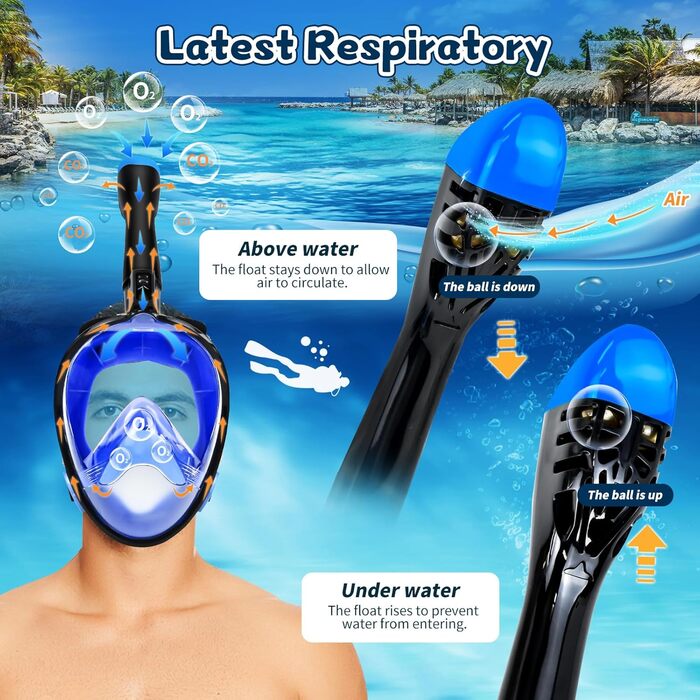 Комплект для дорослого підводного плавання з ластами, маска для дайвінгу на все обличчя, захист від запотівання, поле зору 180 та кріплення для камери, регульовані ласти з чохлом, для підводного плавання та дайвінгу, синій, розмір S/M