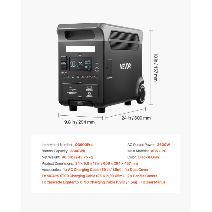 Портативна електростанція VEVOR 3600 Вт, 3840 Втгод, сонячний генератор з 10 вихідними портами, 6 регульованими вхідними потужностями, резервне живлення від LiFePO4 акумулятора (сонячна панель НЕ входить до комплекту)
