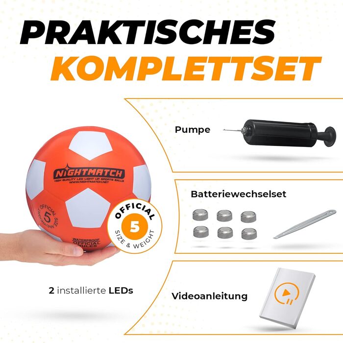 Офіційний водонепроникний футбольний м&39яч розміру 5 зі світлодіодним підсвічуванням - світиться в темряві для нічних ігор, дітей, дорослих - повний комплект з насосом та запасними батарейками помаранчевого кольору