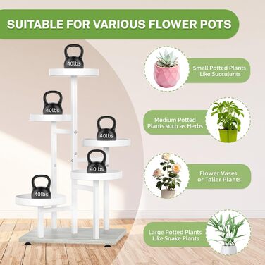 Металева підставка для рослин з 5 ярусами, полиця для рослин для приміщень/вулиці, дерев&39яна підставка для квітів для саду, балкону, вітальні (біла)