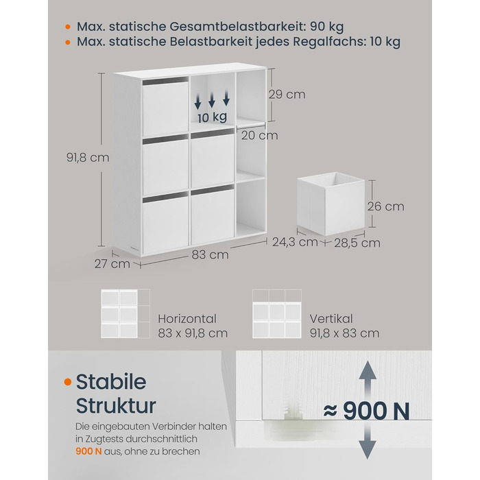 Книжкова полиця SONGMICS HOME, надшвидке складання без інструментів, технологія без інструментів, полиця з 9 відділеннями, окремостояча полиця, 6 шухляд з тканини, система полиць, 27 x 83 x 91,8 см, білосніжний колір LBC199W01, 9 рівнів (91,8 висоти см)