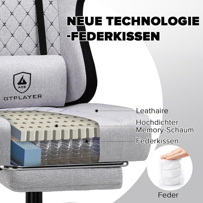 Ігрове крісло GTPLAYER Ергономічне ігрове крісло з тканинною поверхнею, пружинною подушкою сидіння, з&39єднувальними підлокітниками та підставкою для ніг 150 кг, біло-сіре