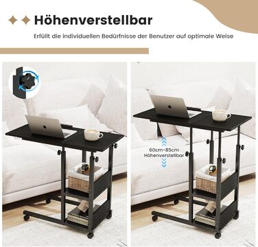 Приставний столик Hadulcet, С-подібний приставний столик з колесами, регульована стільниця, журнальний столик з розеткою, регульований по висоті диванний столик, столик для ноутбука для вітальні та спальні, чорний
