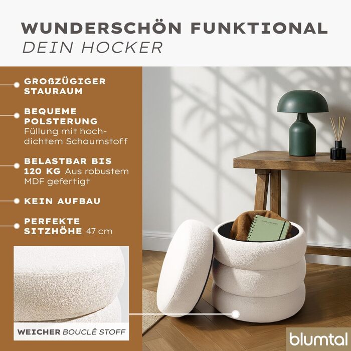 Круглий стілець Blumtal з чохлом з букле - міцний стілець з чохлом з тканини букле, 42 x 42 x 47 см - невеликий туалетний стілець - гарний вигляд букле - круглий стілець, кремове букле