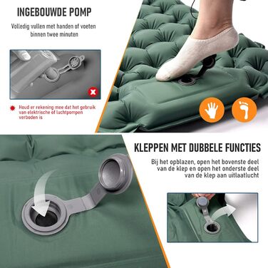 Самонадувальний килимок для кемпінгу CALIYO потовщений надувний матрац з ножним насосом, надлегкий та водонепроникний Інтегрована подушка, невеликий розмір у упаковці для активного відпочинку, походів, наметів та подорожей, одномісний хакі, 195 см x 65 см
