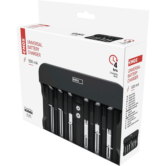 Універсальний зарядний пристрій EMOS для NiMH та NiCd акумуляторів, швидкий зарядний пристрій 500 мА, для 1-6 акумуляторних батарей AAA, AA, C, D, 9V, включаючи кабель USB-C, світлодіодний індикатор, захист батареї, функції безпеки